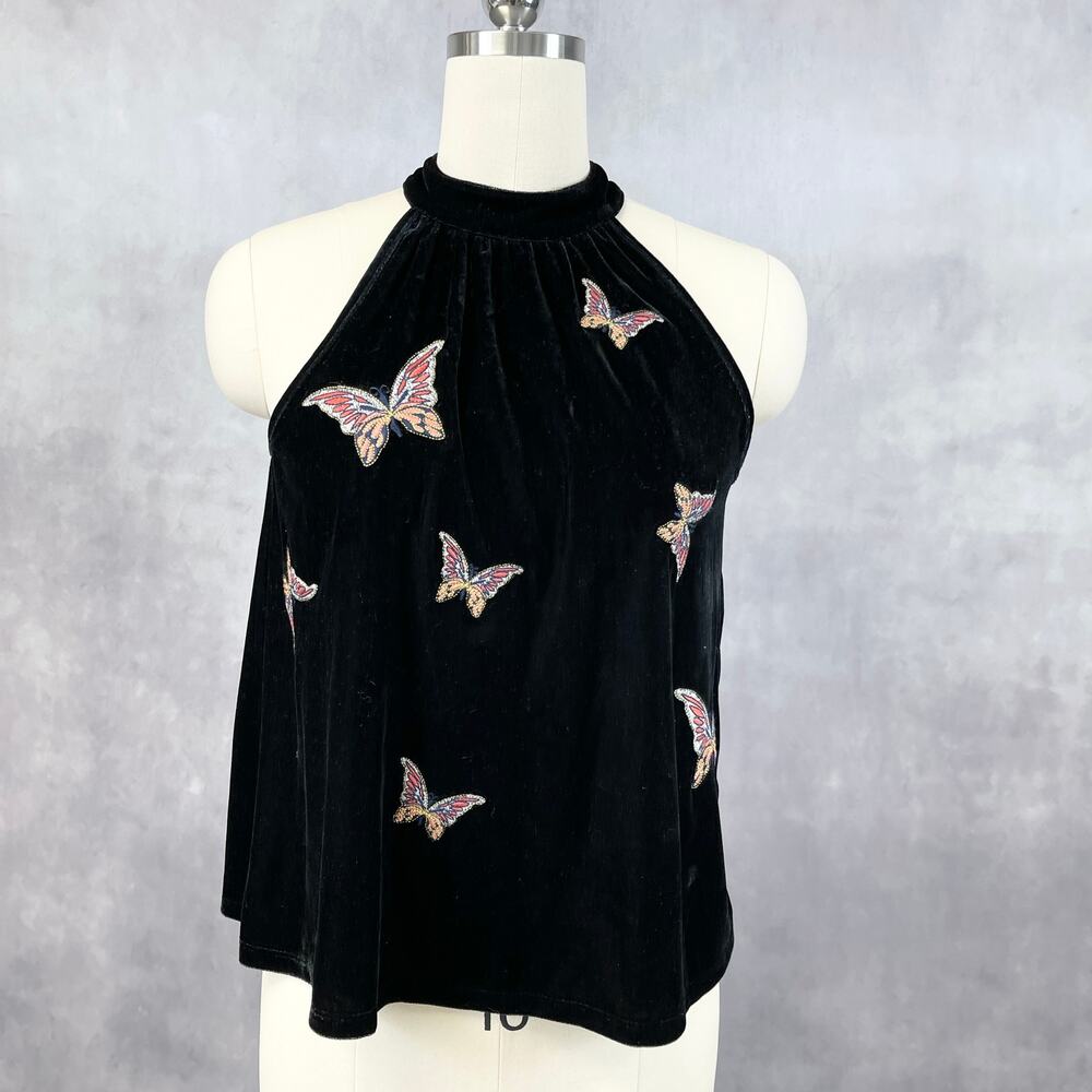 THML Black Velvet Halter Top with Embroidered Pink Butterflies